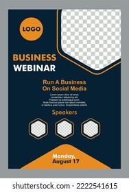 Business webinar vertical banner template design. Modern banner design with contrasting blue orange background and shapes. Can be used for banners, covers, and headers.