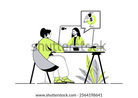 Business webinar web concept with flat cartoon people for website design. Woman watching online training video with business coach, learning and getting new professional skills. Vector illustration.