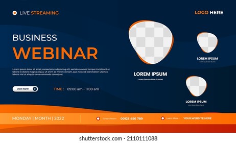 Business webinar website banner template with three liquid frames and orange background