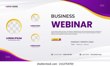 Business webinar website banner template with three circle frame and white purple background