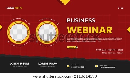 Business webinar website banner template with two circle frames, red background and torn paper shape