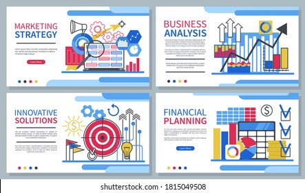 Business website designs set. Landing pages templates. Marketing strategy, innovative solutions, business analytics and financial planning concepts. Vector illustration.