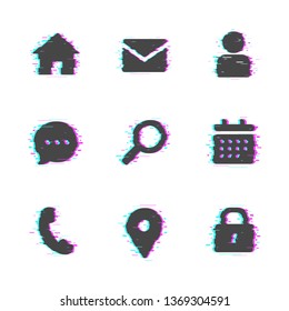 Business Website Icons Set in Glitch Art Style. Main Site navigation pictograms such as home, letter, contacts, person, avatar, user, chat, search, calendar, date, phone, location, protection, lock
