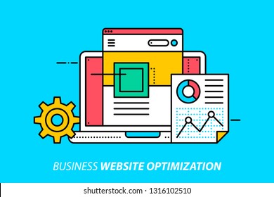 Business website optimization. Colorful illustration on bright cyan background. Modern outline style. 
