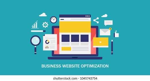 Business Website Optimization - Homepage - Landing Page - SEO Flat Vector Concept With Icons