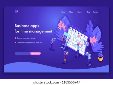 Business website template bright design. Isometric concept of people's work on Business apps for time management. Easy to edit and customize.