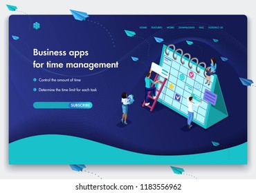 Business website template design. Isometric concept of people's work on Business apps for time management. Easy to edit and customize.