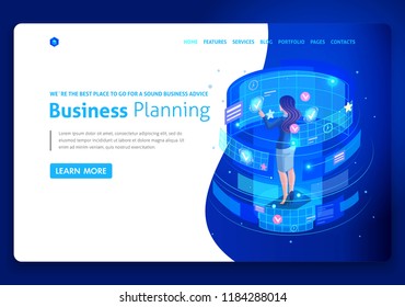 Business website template design. Isometric concept businessmen work, Augmented reality, time management, business planning. Easy to edit and customize.