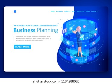 Business website template design. Isometric concept businessmen work, Augmented reality, time management, business planning. Easy to edit and customize, uiux.