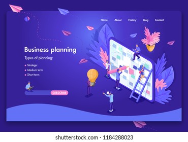 Business website template design. Isometric concept business planning, analysis and statistics, team building, consulting. Easy to edit and customize.