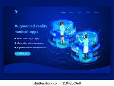 Business Website Template Design. Isometric Medical Concept Of The Work Of Doctors Augmented Reality Concept. VR And AR Are Used In Surgery. Easy To Edit And Customize.