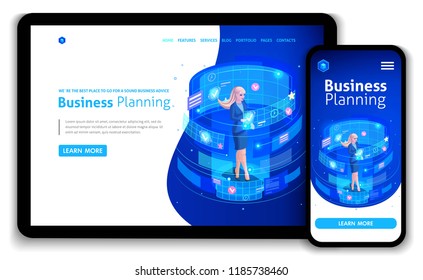 Business website template design. Isometric concept businessmen work, Augmented reality, time management, business planning. Easy to edit and customize, Responsive
