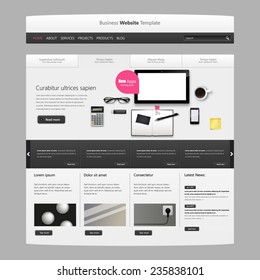 Business Website template vector design with realistic still life illustration, tablet, coffee, notebook. 