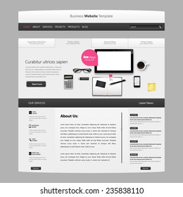 Business Website template vector design with realistic still life illustration, tablet, coffee, notebook. 