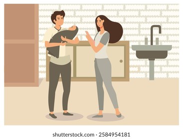 Business weekends. Cheerful daddy and wife playing with baby son in a kitchen. Flat vector modern illustration 