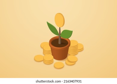 Business where income grows and is successful. Coins on a plant pot and a pile of coins on a yellow background. 3d isometric vector illustration.