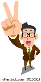Business while it was glasses wearing a jacket of brown showing the V sign