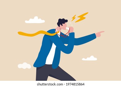 Business whistleblower the misconduct inside person to illegally disclose information to public concept, businessman blowing the whistle out load while pointing signal to tell other people.
