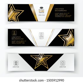 Business white black banner template with gold stars, Logistics horizontal template. Abstract cover header background template for website design,