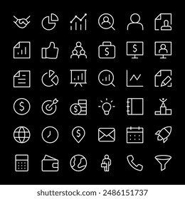 Business, white line icons. Jobs, statistics, deals, and more. Comprehensive icons for various business activities. Symbols on black background. Editable stroke.