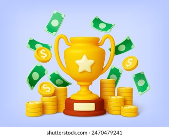 Business win 3d. Golden cup, coins and flying money. Successful project and investments. Corporate winner, ceremony award pithy vector scene