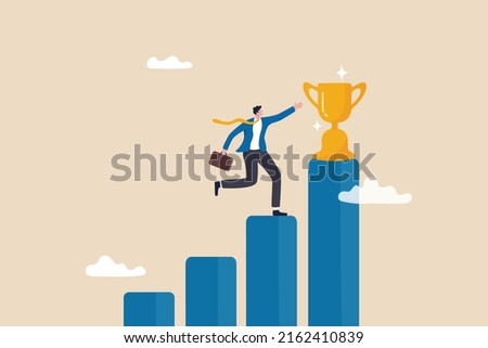 Business winner, achievement or prize, success or victory, challenge or business mission, career goal or stair to success concept, businessman professional step up growing bar graph to win the trophy.