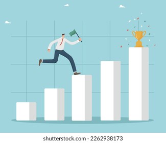 Business winner, achieving a career goal and success, winning a prize or bonus, fulfilling a challenge or mission, the man runs up the bar graph like a ladder of success with a flag to the finale.