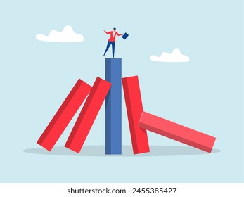 business winner from bankruptcy due to domino effect concept,businessman on stand strong bar graph domino,Fall of big domino cause small dominoes fall down in order.