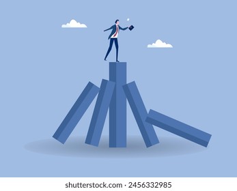 business winner from bankruptcy due to domino effect concept,businessman on stand strong bar graph domino,Fall of big domino cause small dominoes fall down in order.