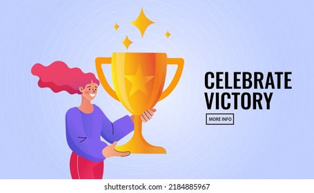 Business winner concept. Happy young woman holding a golden trophy cup. businesswoman smiling and holding a victory trophy cup. Success and achievement. Online course education. Vector graphics.