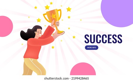 Business winner concept. Happy young woman holding a golden trophy cup. businesswoman smiling and holding a victory trophy cup. Success and achievement. Online course education. Vector graphics.