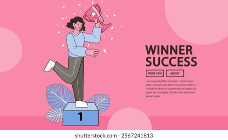 Business winner concept. Happy young woman holding a golden trophy cup. businesswoman smiling and holding a victory trophy cup. Success and achievement. Online course education. Vector graphics.