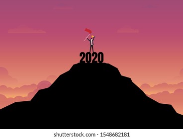 Business winner concept. Silhouette businessman holding gold trophy and red flag stand on top of mountain with sunset background. Achievement, New year 2020, Vector illustration flat
