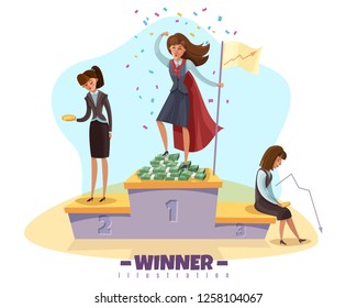 Business Winner Loser Background With Businesswomen Female Doodle Style Characters On Winners Poduim With Editable Text Vector Illustration