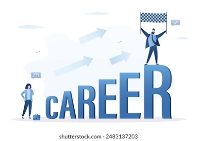 Business winner and loser. Career growth, career target achievement, peak time of life, self development. Smart businessman boss with finish flag of success on career ladder. Beginner standing below.