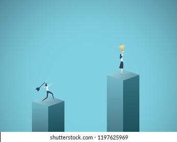 Business winner and loser vector concept with businesswoman celebrating success with a cup and another throwing dart at her. Symbol of victory, sore loser, jealousy and envy. Eps10 vector illustration