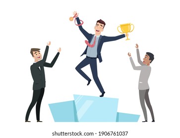 Business winner. Man win competition, manager with gold medal and trophy on pedestal. Clapping to colleague vector concept