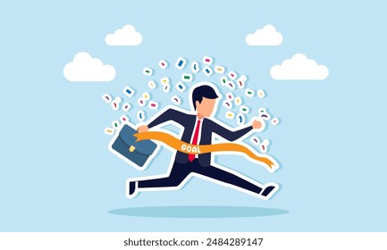 A business winner reaches their goal, celebrating success and glory upon completing the project, concept of A joyful, smart businessman runs to the finish line, reaching his goal as the first winner