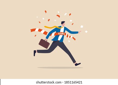Business winner reaching goal, success celebration, career path or glory to finish working project concept, joyful smart businessman worker running reaching goal at the finishing line as first winner.