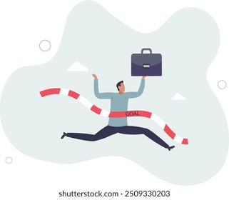 Business winner reaching goal, success celebration, career path or glory to finish working project concept.flat design with people.
