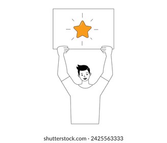Business winner and success illustration concept. Businessman showing golden star rating character outline flat and minimal vector design style.