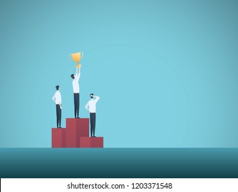 Business winner vector concept with businessman on podium holding trophy. Symbol of leadership, strength, power and success. Eps10 vector illustration.