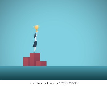 Business winner vector concept with businesswoman on top podium finish holding golden trophy. Symbol of success, achievement, ambition, victory. Eps10 vector illustration.