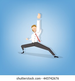 Business winners concept. Businessman keeping arms raised and expressing positivity