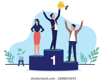 Business winners on podium of success - Businesspeople winning 1st place being the best and greatest team holding trophy cup and cheering with arms in the air. Flat design on white background