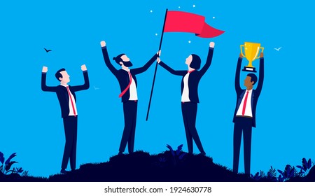 Business Winners - Team Of Cheering Business People On Hilltop, Raising Flag And Celebrating Success. Teamwork And Celebration Concept. Vector Illustration.