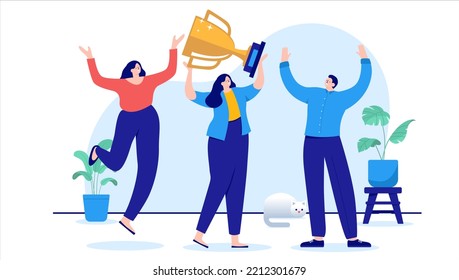 Business winners - Team of happy people winning trophy cup and celebrating in office. Flat design cartoon illustration with white background