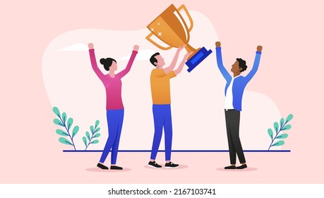 Business winners - Team of three people holding trophy cup and celebrating triumph. Flat design vector illustration