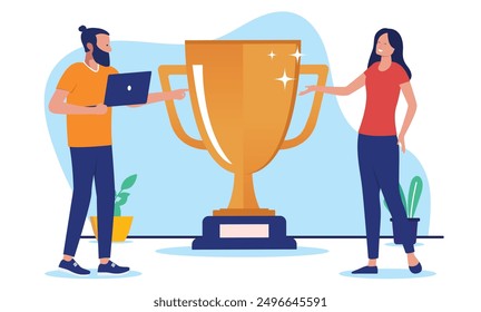 Business winners with trophy cup - Man and woman smiling after achievement and winning award for best work. Triumph and champions concept in flat design vector illustration with white background