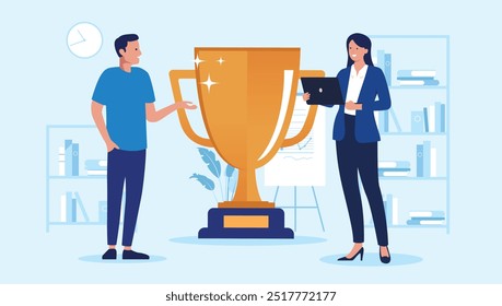 Business winners with trophy - Two smiling people working and winning award in office. Achievement, accomplishment and winning concept in flat design vector illustration